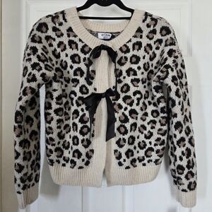 Leopard Print Ribbon Cardigan Sweater - Cream/Tan